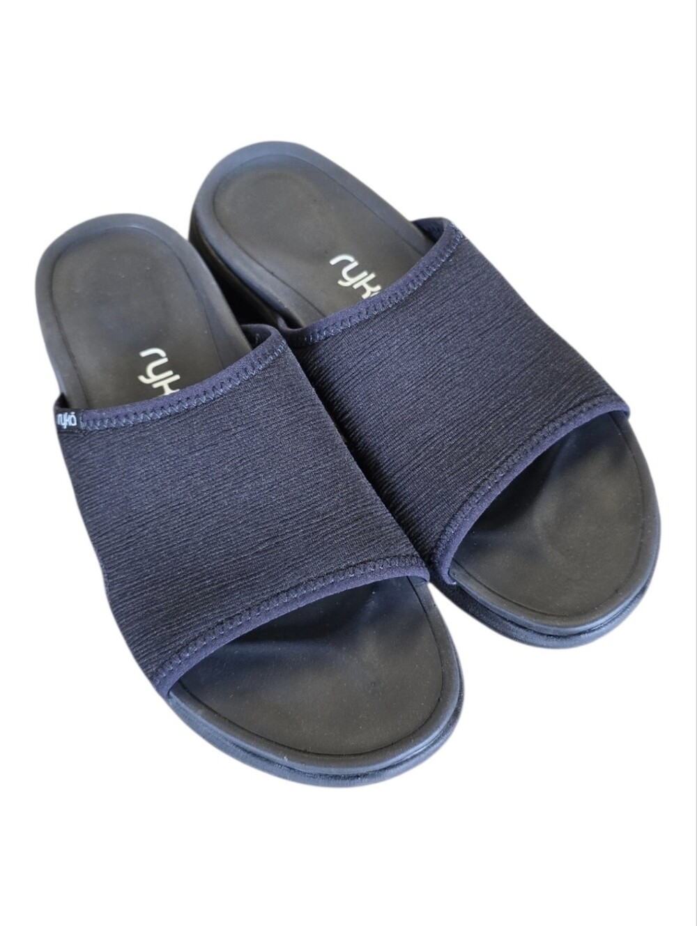 Ryka Transcend Black Ribbed Stretch Knit Sport Slide Sandals
